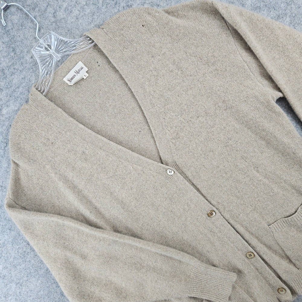 Neiman Marcus Cashmere Sweater Large Tan V-Neck Long Sleeve Knit MOTH HOLES